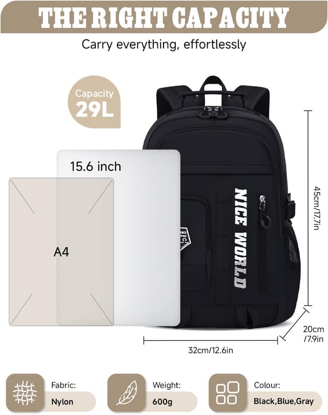 Detalle de Amythe zaino impermeabile leggero per ragazzi 10–22 anni con scomparto per laptop 15.6" (29L) – Nero