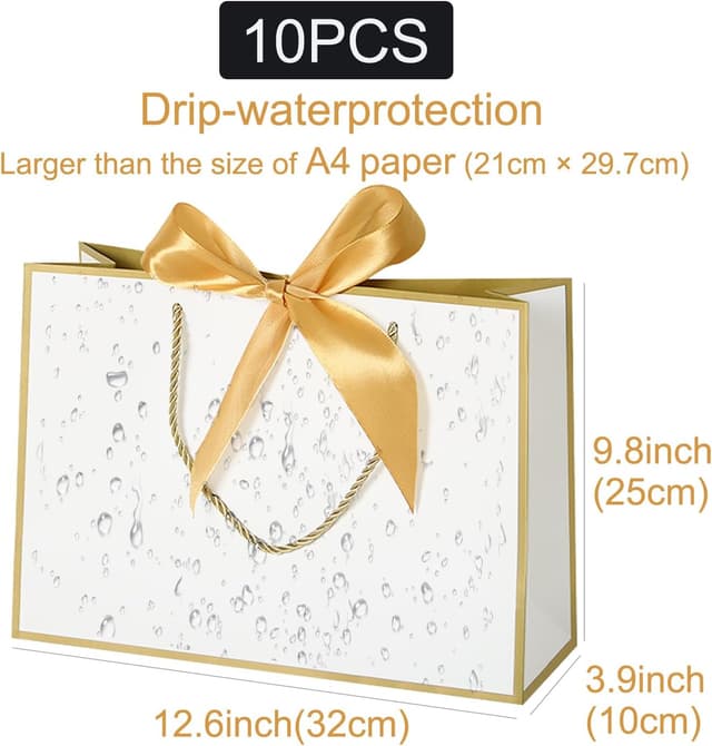 Detalle de TACHIO 10 Pack luxury gift bags with golden bow ribbon (white), 32x25x10cm