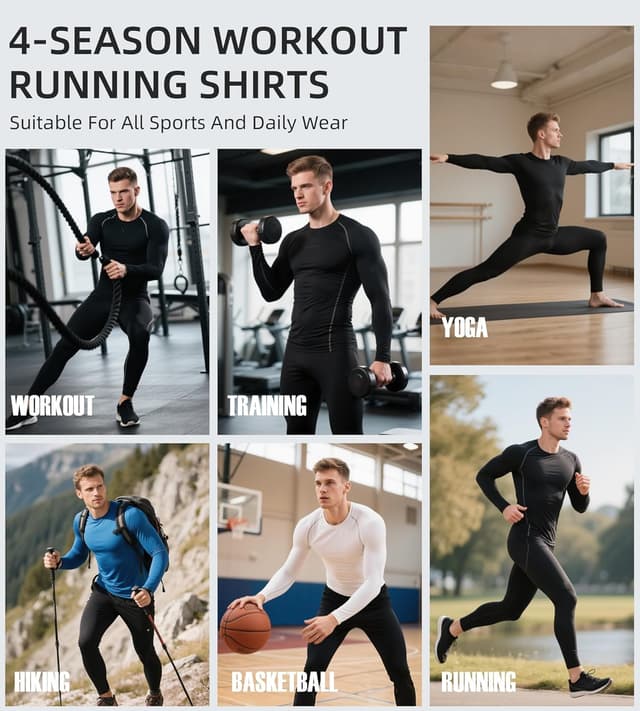 Detalle de Yuerlian 3-pack men’s long sleeve compression base layer for gym, running and training