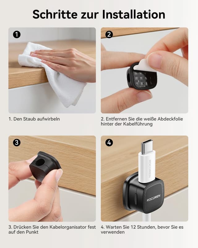 Detalle de Rocoren selbstklebende Kabelhalter mit Magnet – Kabelclips-Organizer (12 Stück) für Schreibtisch & Büro
