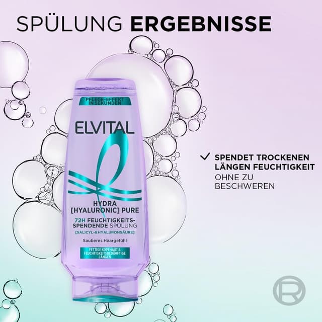 Detalle de L'Oréal Paris Elvital Hydra Hyaluronic Set (Shampoo, Spülung & Serum) für feuchtigkeitsspendendes Glanzhaar
