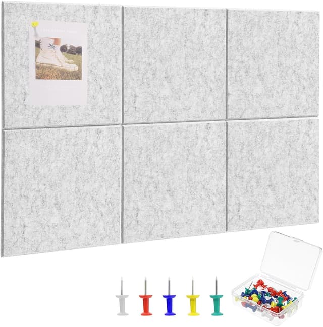 Detalle de Large Cork Board 36" x 24" (6-pack felt wall tiles + pushpins) in light grey