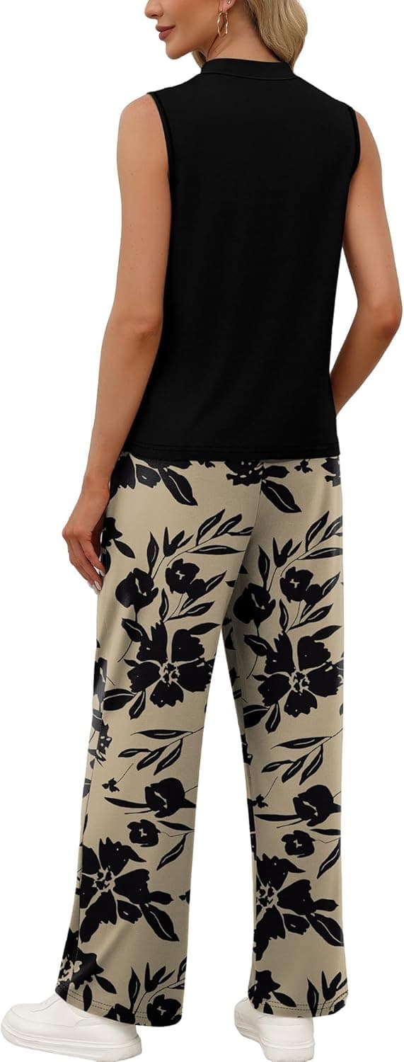 Detalle 2 de WIHOLL Two-Piece Women’s Mock Neck Top and Wide-Leg Pants Set for Summer, Travel, and Airport Days