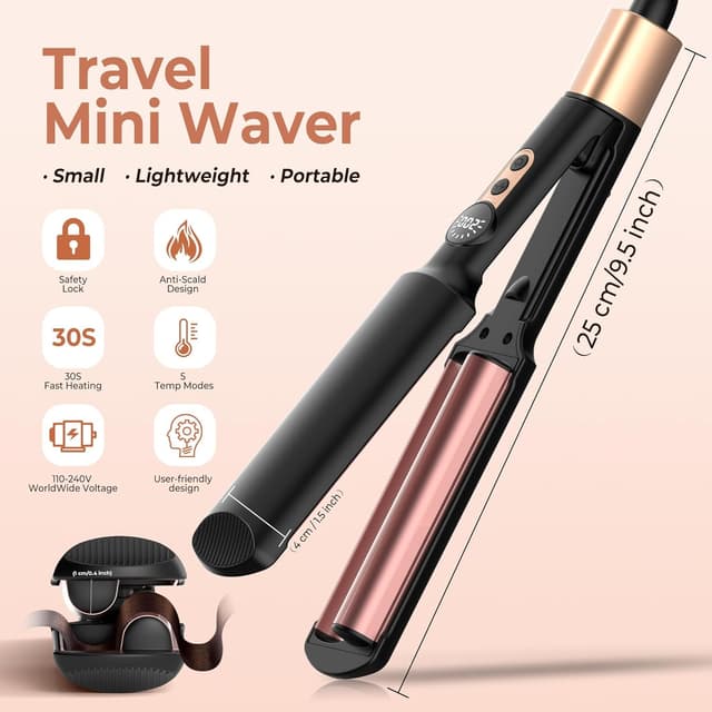 Detalle de UKLISS Pro Mini fer à onduler (écran LCD 120-210 °C) pour débutants, avec gants et sac de rangement