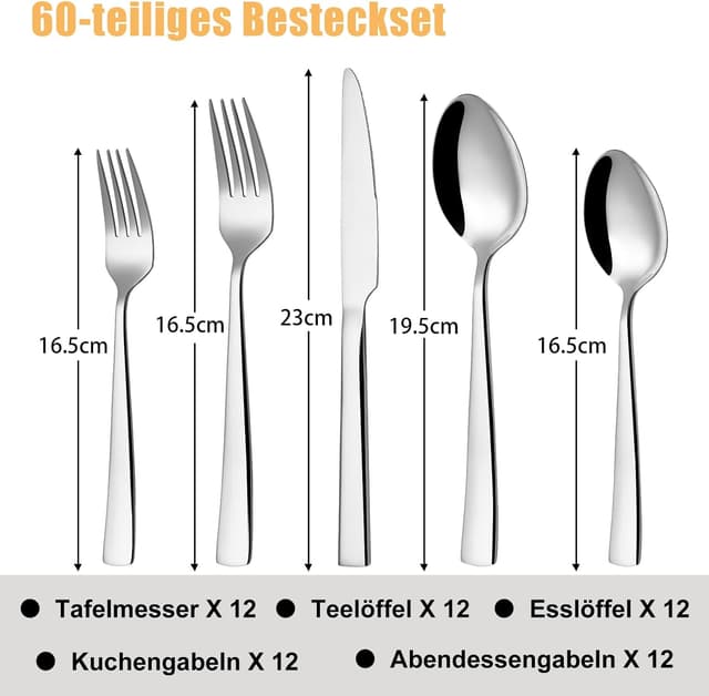 Detalle 2 de Deedro Besteck-Set für 12 Personen (60-teilig) aus Edelstahl – Messer, Gabeln, Löffel & mehr