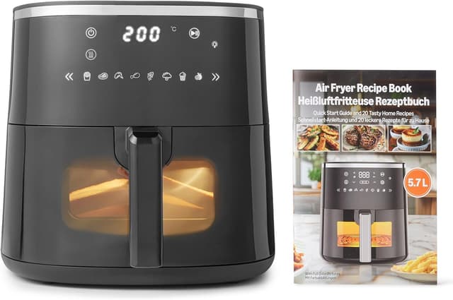 Detalle de Amazon Basics 5.7L Air Fryer with Easy View Window, 8 Preset Menus, 1750W (Black)