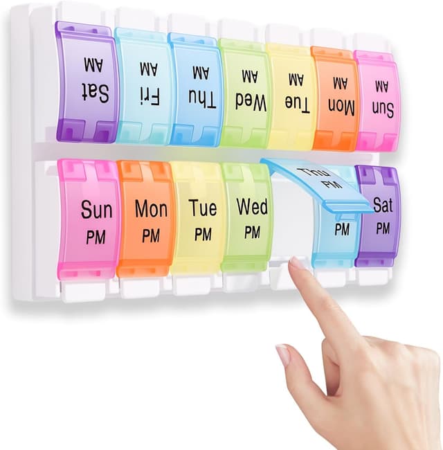 Detalle de Weekly Pill Box Organiser with Push Buttons (7 Day, 2 Times AM/PM)