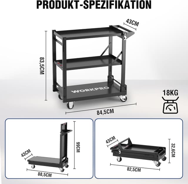 Detalle 2 de WORKPRO Servierwagen 3-in-1 klappbar – Rollwagen mit 3 Etagen für Küche, Werkstatt & Galerie