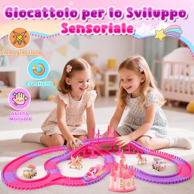 Detalle de iKidiki Unicorno Bambina: set pista macchinine con castello magico e 200 pezzi (3–8 anni)