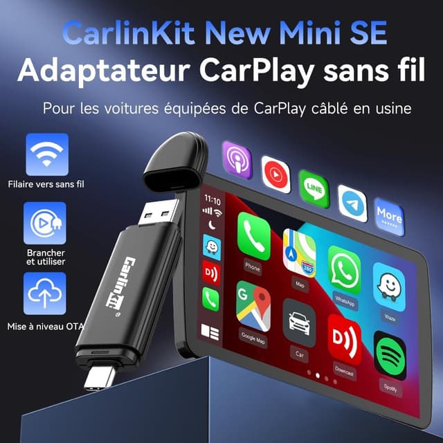 Detalle de Carlinkit Adaptateur CarPlay sans fil Mini SE (Plug and Play) pour voitures CarPlay filaires, compatible 2016 à 2026