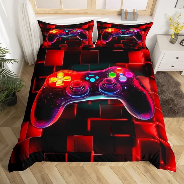 Detalle de Homewish boys gaming bedding double bed set with galaxy gamepad duvet cover and 2 pillowcases (red neon geometric)