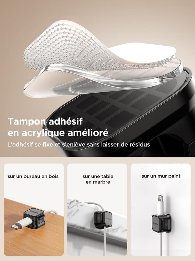 Detalle 2 de JOYROOM pack de 12 clips organisateurs de câbles magnétiques auto-adhésifs (noir)