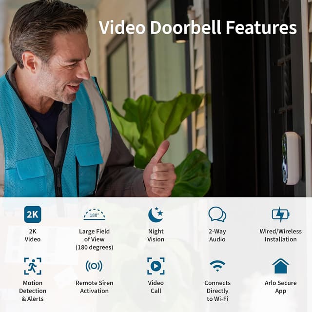 Detalle de Arlo Video Doorbell 2K (2nd Gen) — Wireless/Wired Smart Doorbell with 2-Way Audio, Night Vision, and Person/Vehicle Alerts