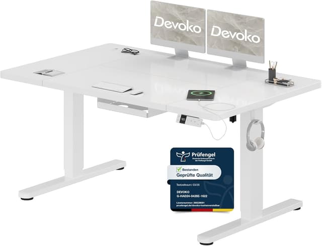Detalle de Devoko höhenverstellbarer Schreibtisch elektrisch 140x80 cm (Typ-C Ladeanschluss) in Weiß