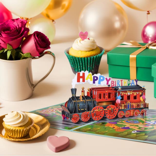 Detalle de CNLITIHEKA Pop-Up Train Birthday Card – 3D “Happy Birthday” greeting with envelope and notes
