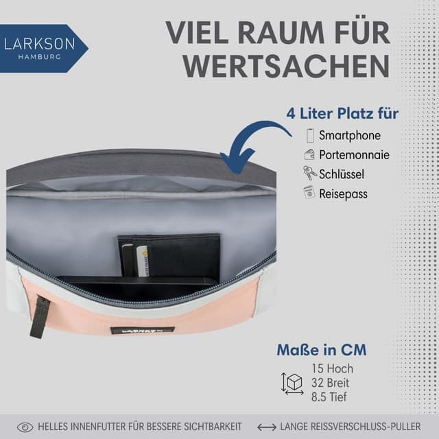 Detalle de LARKSON Bauchtasche für Damen & Herren Rosa „Ole“ – Wasserabweisende Hüfttasche für Sport, Outdoor & Stadt
