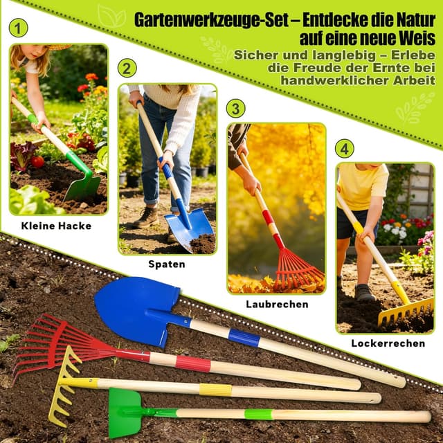 Detalle de Kinder Gartenwerkzeug-Set (10-teilig) aus Metall mit Schaufel, Rechen, Gabel, Handschuhen, Schürze & Gießkanne
