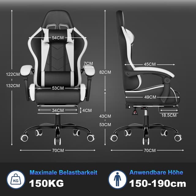 Thumbnail 2 de JUMMICO Sedia da gaming e ufficio ergonomica con supporto lombare massaggiante e schienale regolabile 90–150° (bianco)