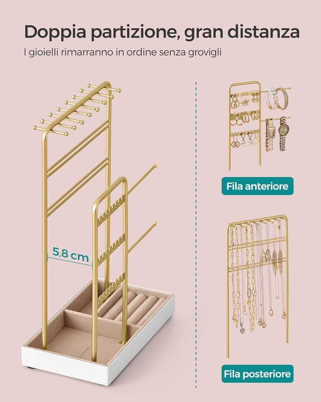 Detalle de SONGMICS Portagioie JJS021A01 in metallo e velluto, per collane, orecchini e anelli (dorato)