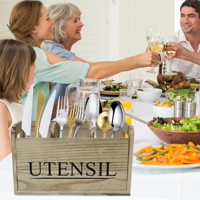 Detalle de Gzsekken Rustic Kitchen Utensil Holder (Large, 3 Compartments) with Drainage Bottom, Brown