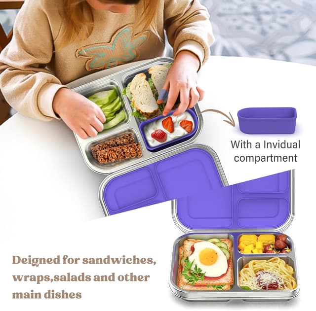 Detalle de BABHAMNESS Stainless Steel Kids Bento Box (3 Compartments) — Leak Proof Lunch Container, BPA-Free, Dishwasher Safe, Purple