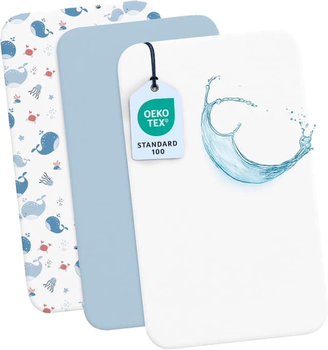 Detalle de Dreamzie Set 2 Spannbettlaken Kinderwagen + 1 Matratzenschoner Babybett (50x83 cm) aus 100% Baumwolle, wasserdicht