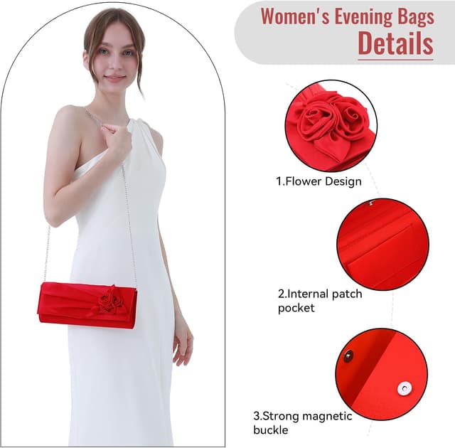 Detalle de Wocharm ladies satin clutch bag with rose – 3-in-1 evening wedding handbag