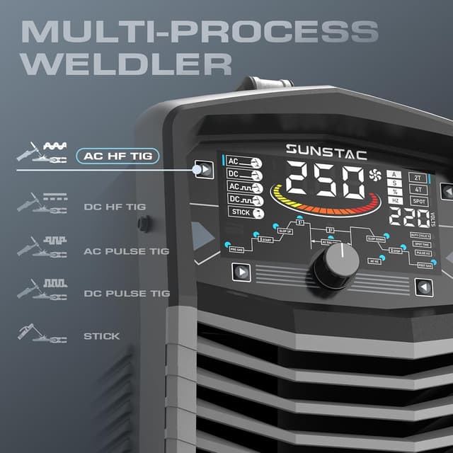 Detalle de Sunstac 250A AC/DC Aluminum TIG Welder with Pulse (110V/220V Dual Voltage)