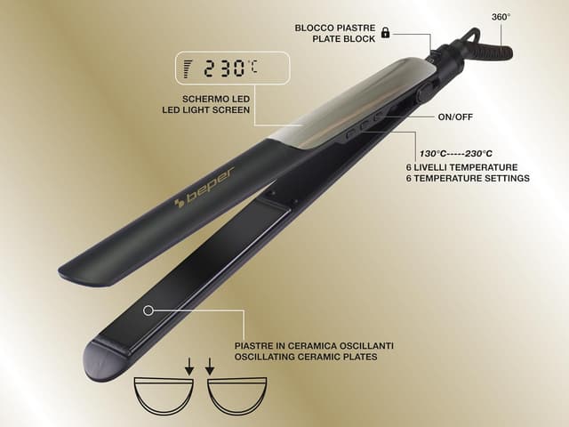 Detalle de Beper P301PIS200 piastra per capelli in ceramica con 6 livelli fino a 230°C