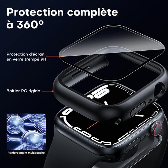 Detalle 2 de TAURI pack coque étanche IPX8 + verre trempé 9H pour Apple Watch Series 9/8/7 41 mm (2023), noir