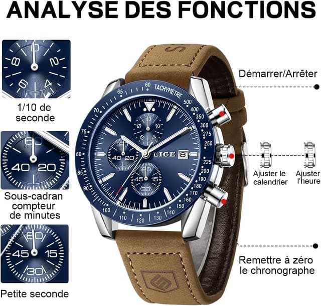 Detalle de LIGE Montre Homme Chronographe Quartz analogique, bracelet cuir et date
