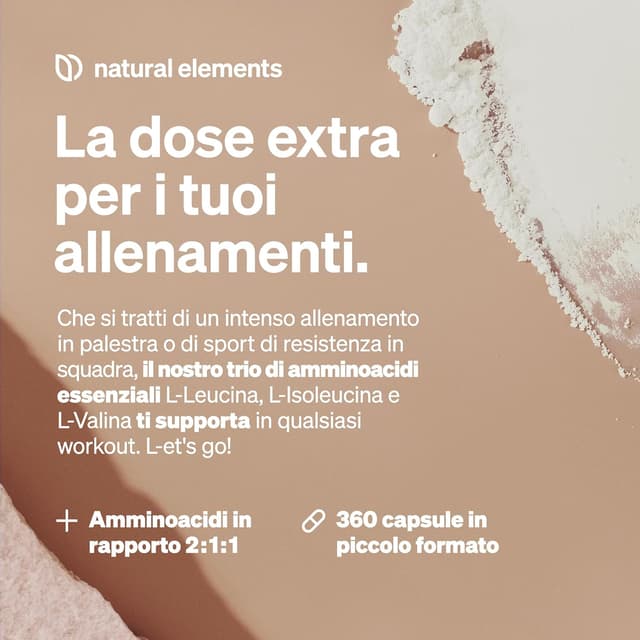 Detalle de Natural Elements BCAA 360 capsule piccolo formato (vegane) con leucina, isoleucina e valina