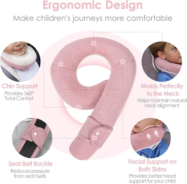 Detalle de WENRENER Kids Travel Neck Pillow (Pink & Beige) – size-adjustable travel support for head, neck and chin
