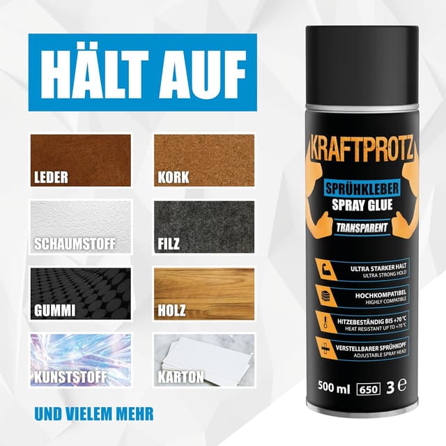 Detalle 2 de KRAFTPROTZ Sprühkleber extra stark 500 ml – transparent, hitzebeständig bis +70 °C