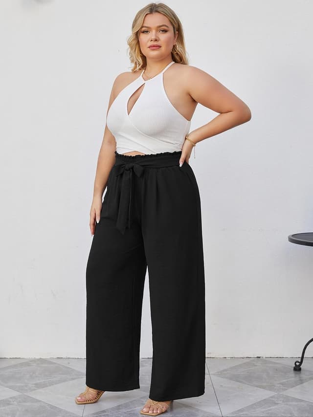 Detalle de AusLook Plus Size Wide Leg Pants (High-Waist Elastic Palazzo) with Pockets, 1X–5X
