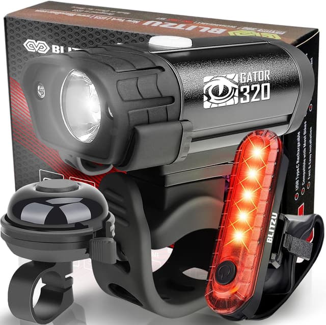 Detalle de BLITZU Gator 320 bike lights set (front headlight, rear taillight & bell) — USB-C rechargeable
