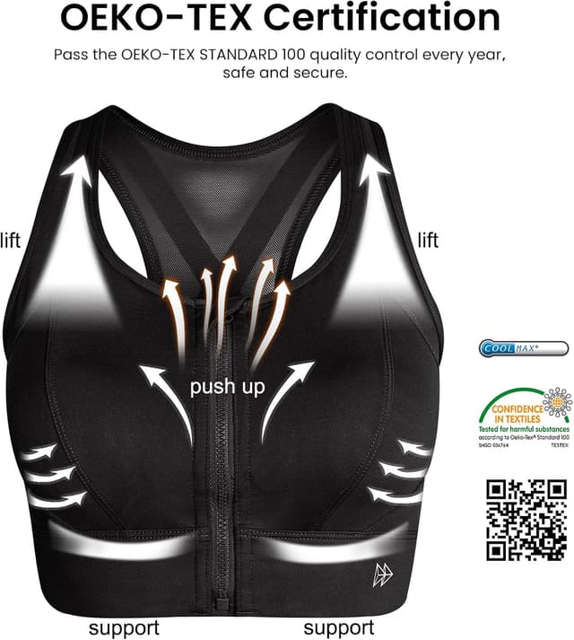 Detalle de Yvette High Impact Zip Front Sports Bra with Mesh Racerback for Women (High Support)