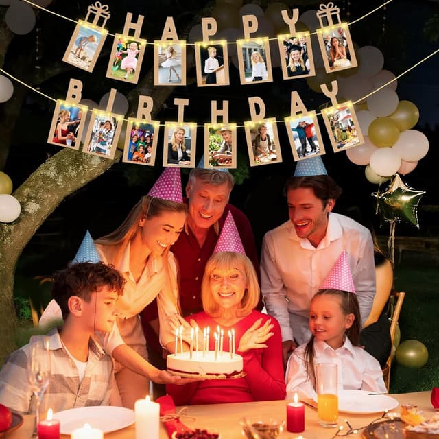 Detalle 2 de Happy Birthday Deko Seutgjie Fotogirlande mit LED-Lichterkette und 15 Glitzerkarten für Fotos