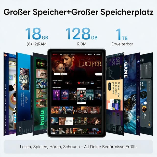 Detalle de 10-Zoll Android-15 Tablet mit Hülle – Octa-Core, 18 GB RAM, 128 GB Speicher (erweiterbar), 5G & Widevine L1