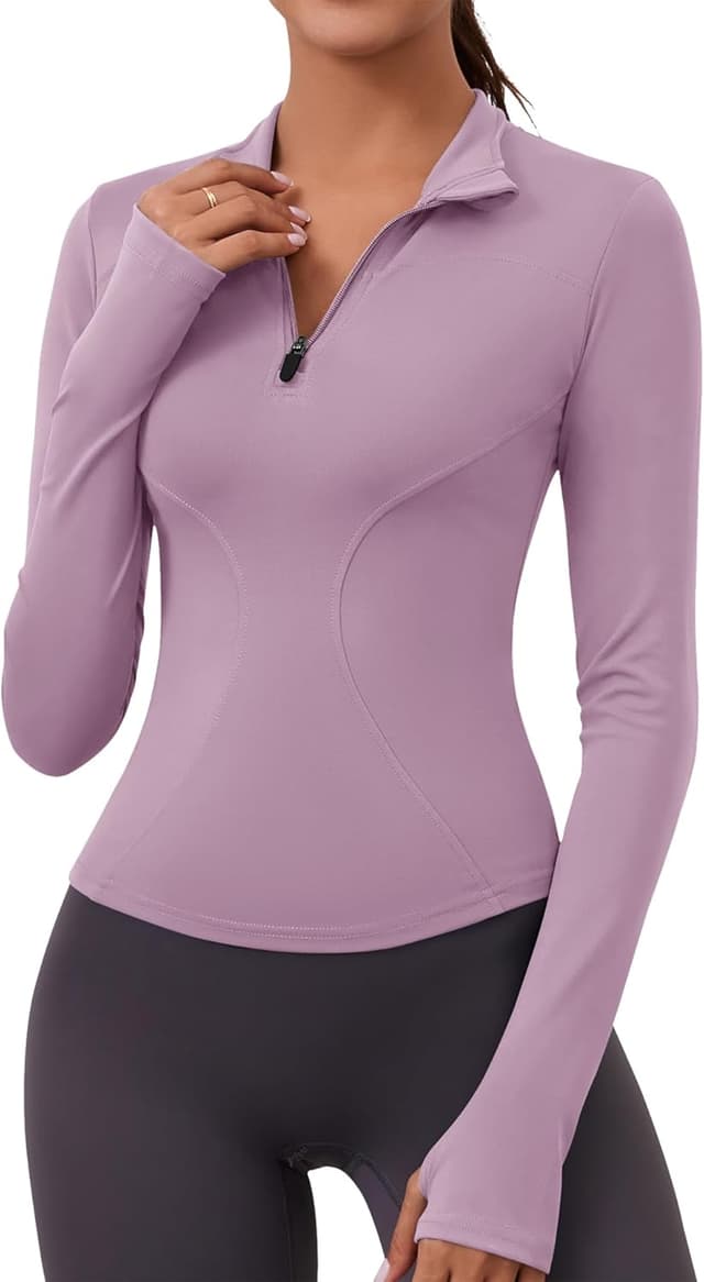 Detalle de Rapbin women’s long sleeve gym tops 1/4 zip with thumb holes (lightweight quick-dry slim fit)