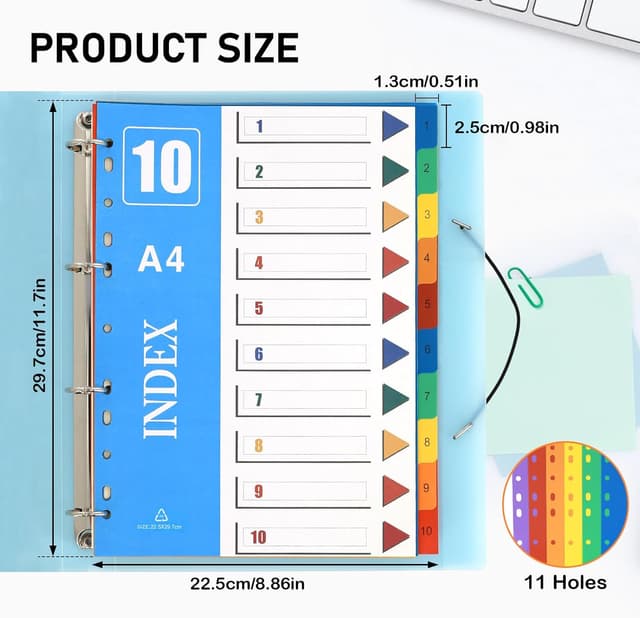 Detalle 2 de XHDA A4 1–10 Part Dividers, 10 Pack Multi-Colour Plastic Index Tabs for Lever Arch Files