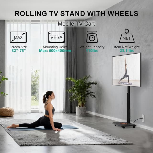 Detalle 2 de WALI TVDVD-7PR Rolling TV Stand 110 lbs