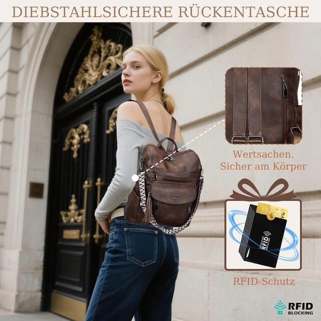 Detalle 2 de LEASOUL Damen Rucksack-Set wasserfest mit Diebstahlschutz & veganem Leder – Cityrucksack mit Handgelenktasche
