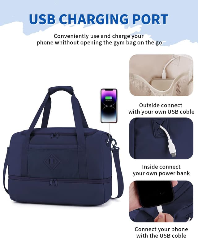 Detalle de WANDF Reisetasche Damen Handgepäck-Tasche fürs EasyJet Handgepäck (45×36×20) mit Schuhfach & Nassfach, Weekender Duffel in Blau