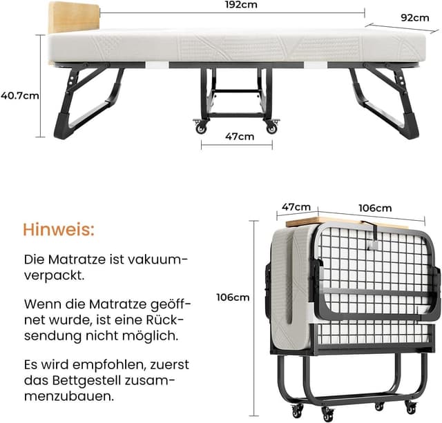 Detalle 2 de Gunuss Klappbett Metall-Klapprahmen inkl. 10 cm Memory-Foam-Matratze – 90 x 190 cm