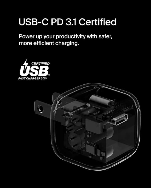 Detalle de Belkin USB-C Charger Block 20W (2-Pack) Fast Charging Wall Charger, Foldable Prongs, USB Power Delivery 3.1, White