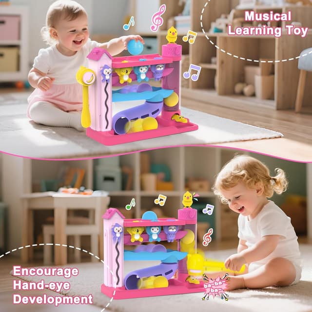 Detalle de Toddler Musical Fine Motor Ball Drop Hammering Toy (Pink) for Ages 12–24+ Months
