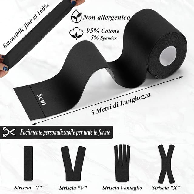 Detalle 2 de HONYAO Nastro Kinesiologico 2 rotoli 5 cm x 5 m (kinesio tape nero) per ginocchio, spalla e gomito