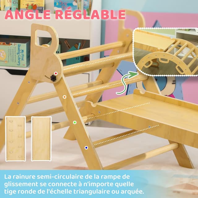 Detalle de AIYAPLAY Triangle d’escalade enfants 5 en 1 (triangle, arche basculante, rampe réversible, toboggan, bascule) jusqu’à 50 kg