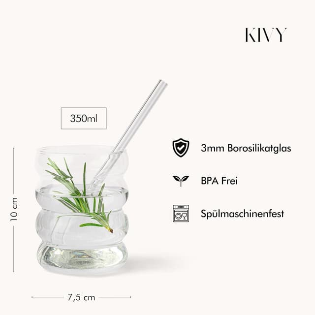 Detalle de KIVY Bubble Trinkgläser-Set (350 ml) mit Glas-Strohhalmen – Longdrinkgläser für Eiskaffee, Wasser & Cocktails